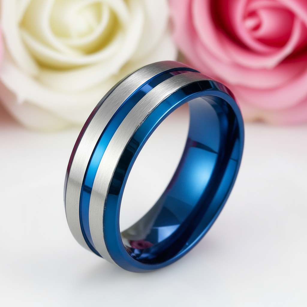 Two Tone Stainless Steel Brushed Plating Men's Wedding Band-Black Diamonds New York