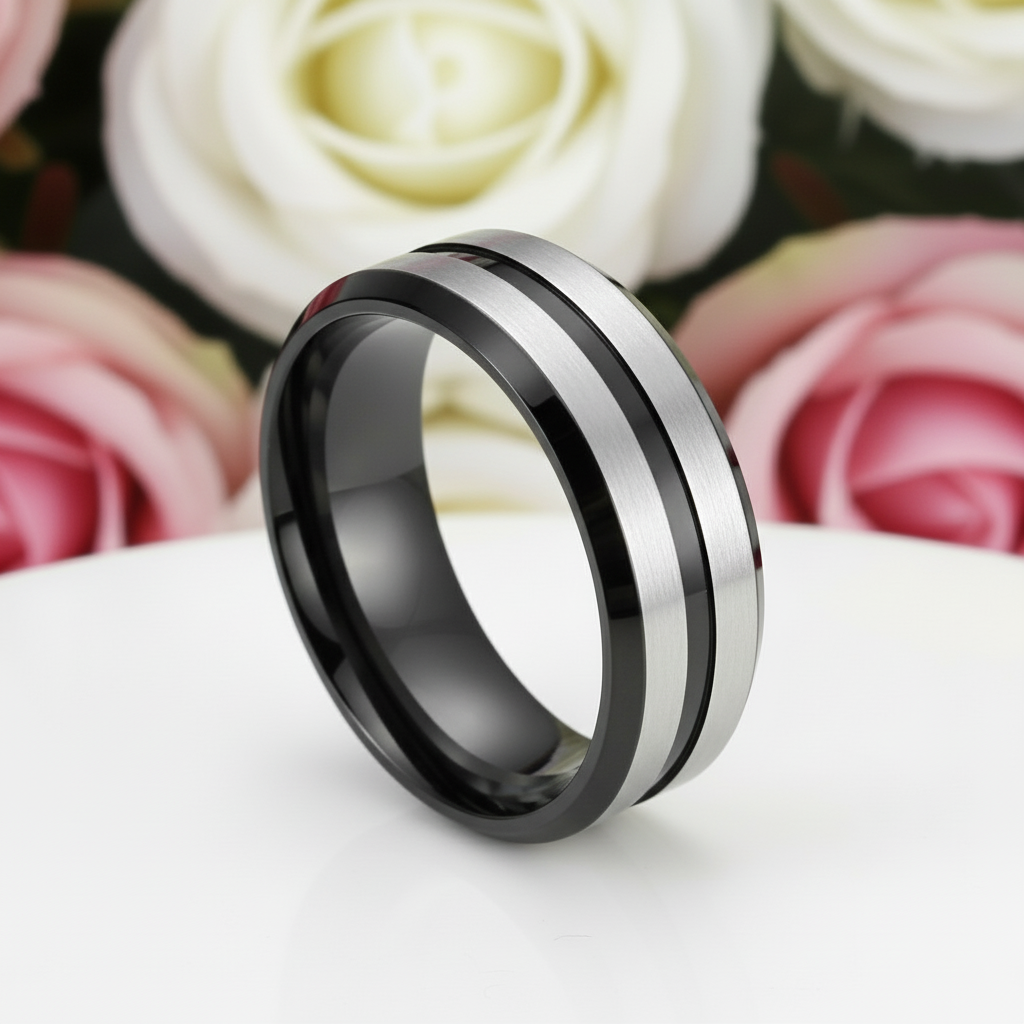 Two Tone Stainless Steel Brushed Plating Men's Wedding Band-Black Diamonds New York