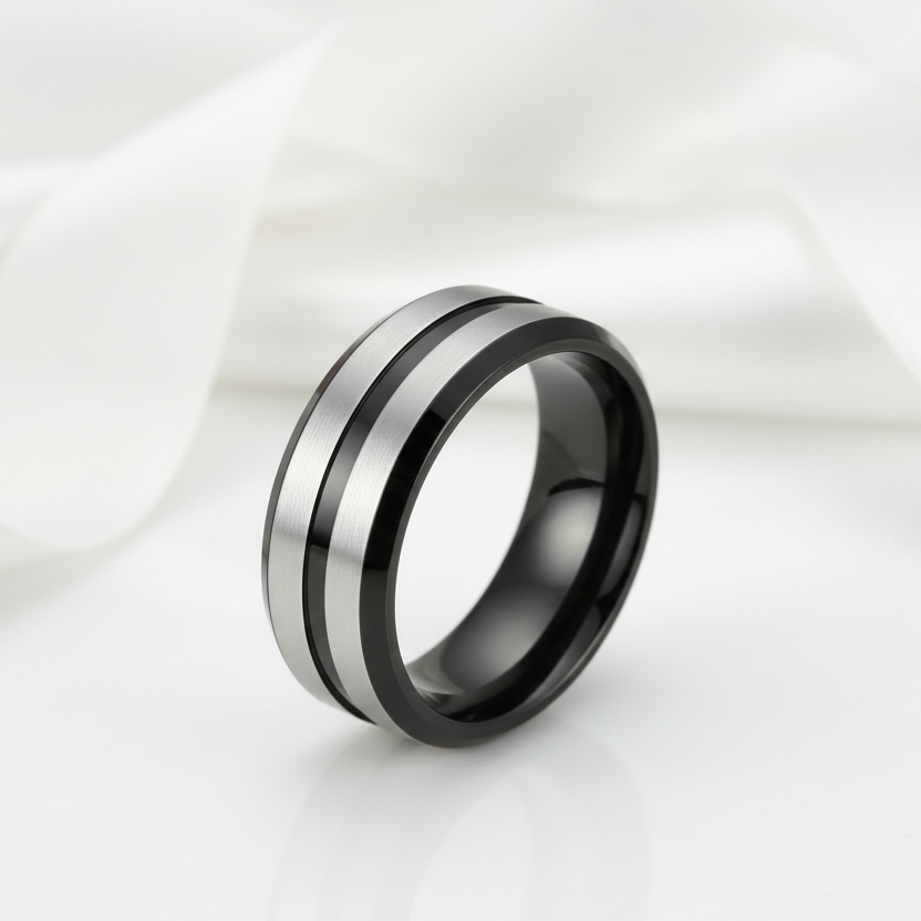 Two Tone Stainless Steel Brushed Plating Men's Wedding Band-Black Diamonds New York