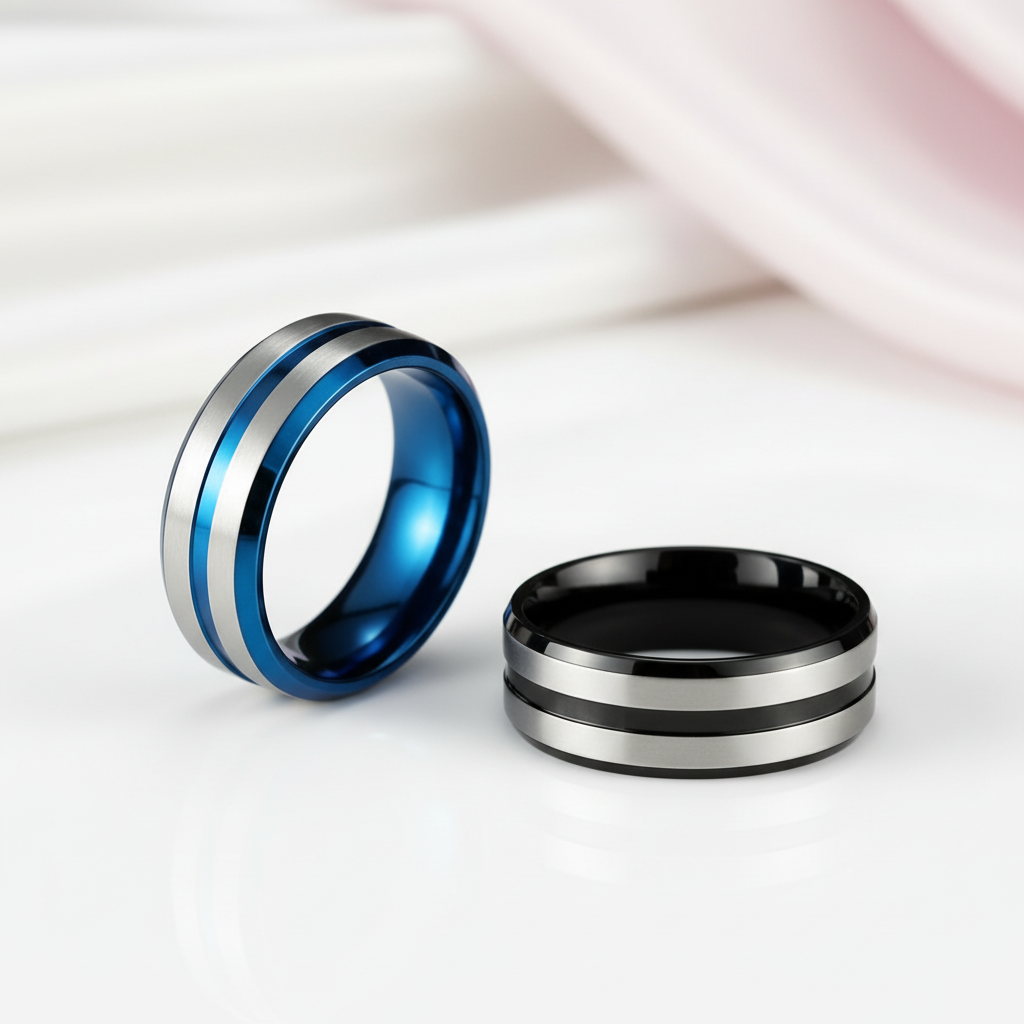 Two Tone Stainless Steel Brushed Plating Men's Wedding Band-Black Diamonds New York