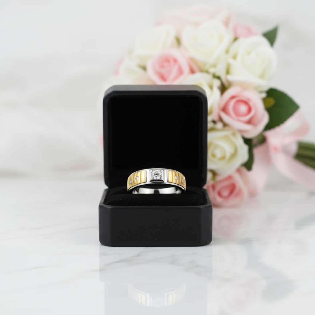 Two Tone Sterling Silver Men's Fashion Band-Black Diamonds New York