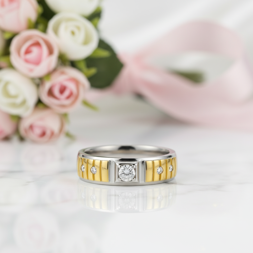 Two Tone Sterling Silver Men's Fashion Band-Black Diamonds New York