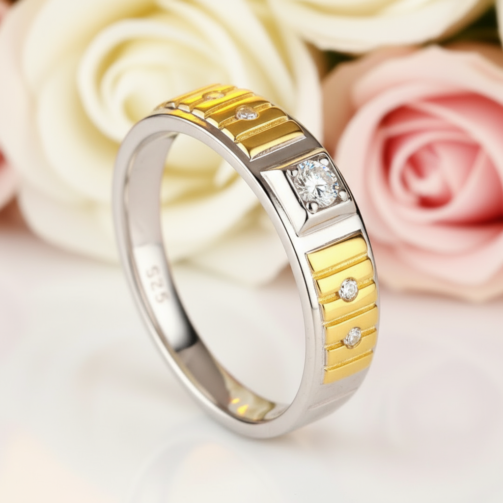 Two Tone Sterling Silver Men's Fashion Band-Black Diamonds New York