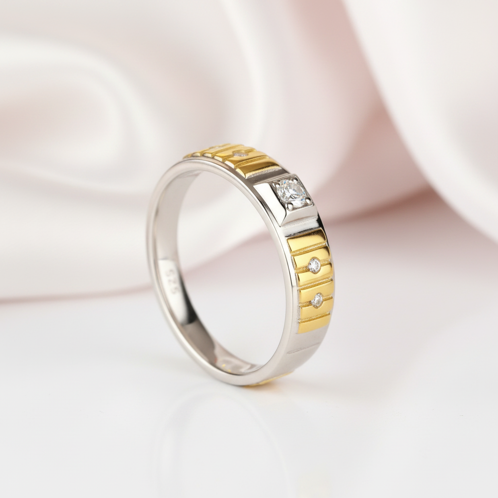 Two Tone Sterling Silver Men's Fashion Band-Black Diamonds New York