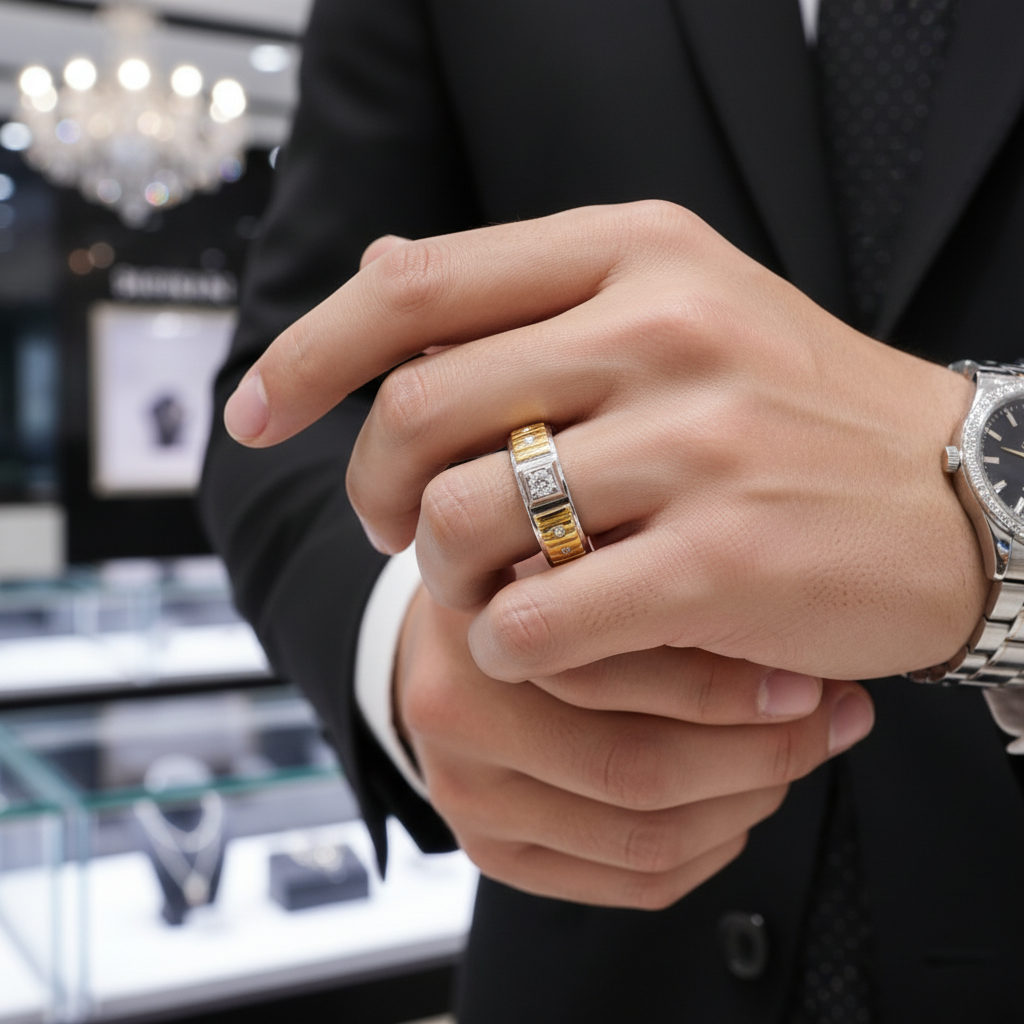 Two Tone Sterling Silver Men's Fashion Band-Black Diamonds New York