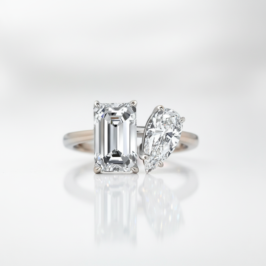 Unique Emerald Cut & Pear Cut Double Stone Engagement Ring-Black Diamonds New York