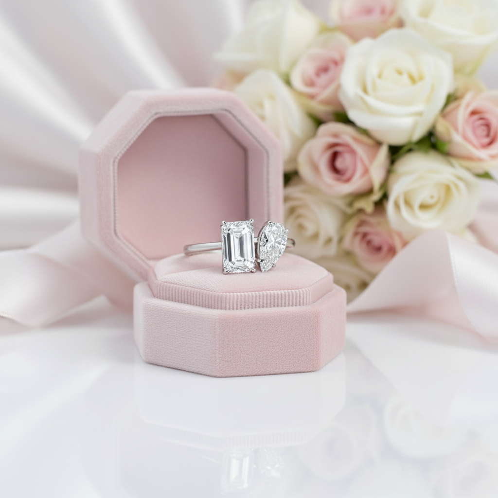 Unique Emerald Cut & Pear Cut Double Stone Engagement Ring-Black Diamonds New York