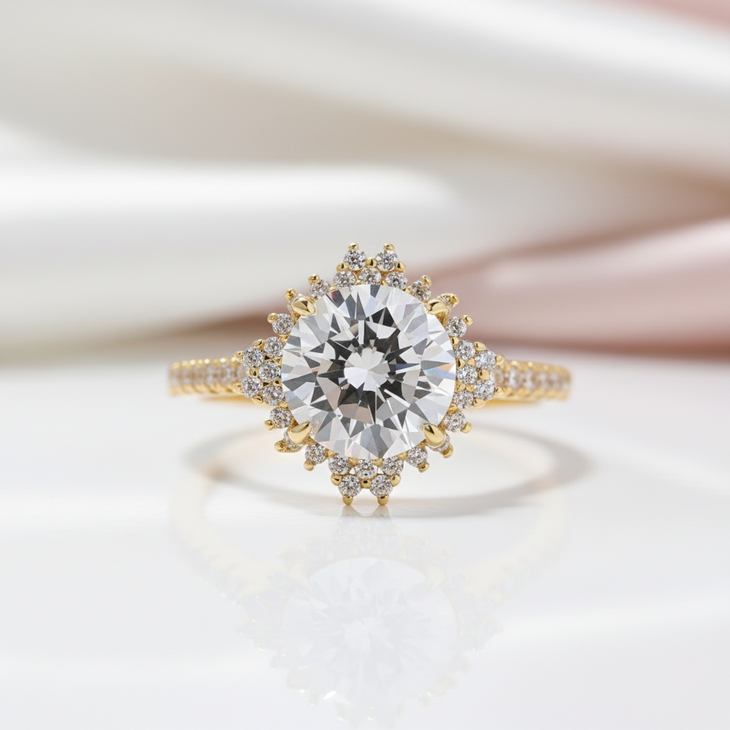 Unique Flower Halo Design Round Cut Yellow Gold Engagement Ring-Black Diamonds New York