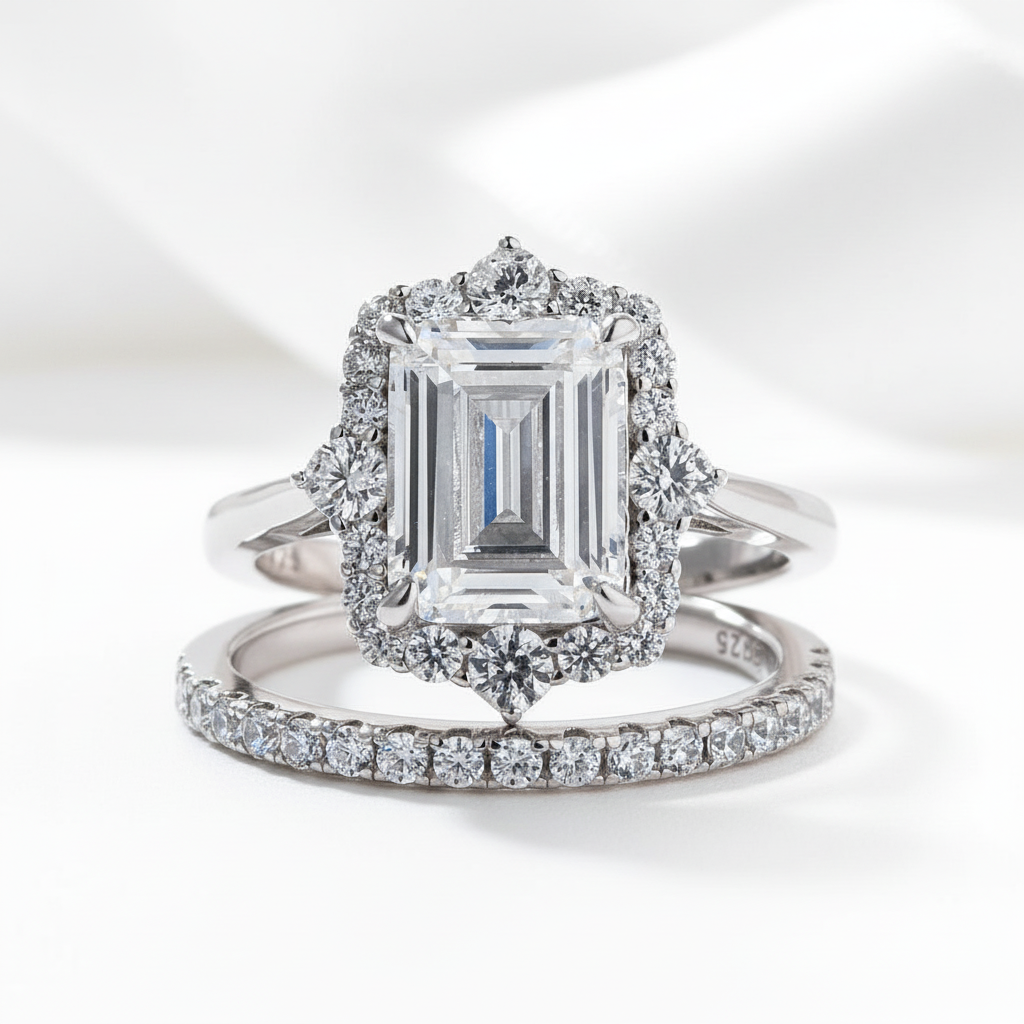 Unique Halo Emerald Cut Wedding Ring Set-Black Diamonds New York