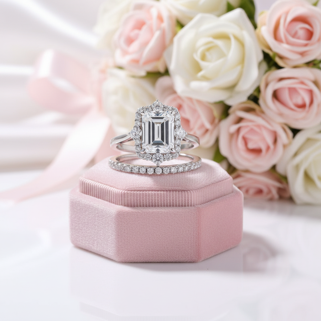 Unique Halo Emerald Cut Wedding Ring Set-Black Diamonds New York