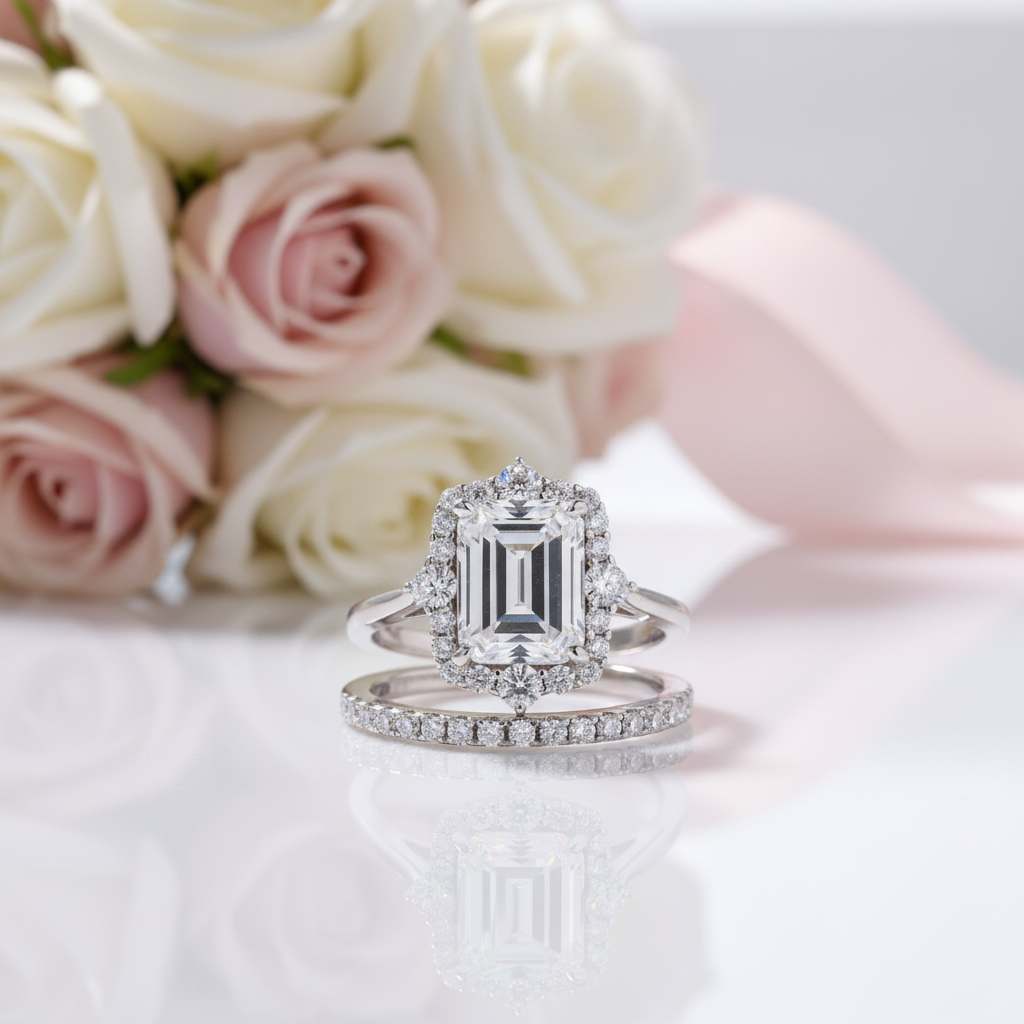 Unique Halo Emerald Cut Wedding Ring Set-Black Diamonds New York