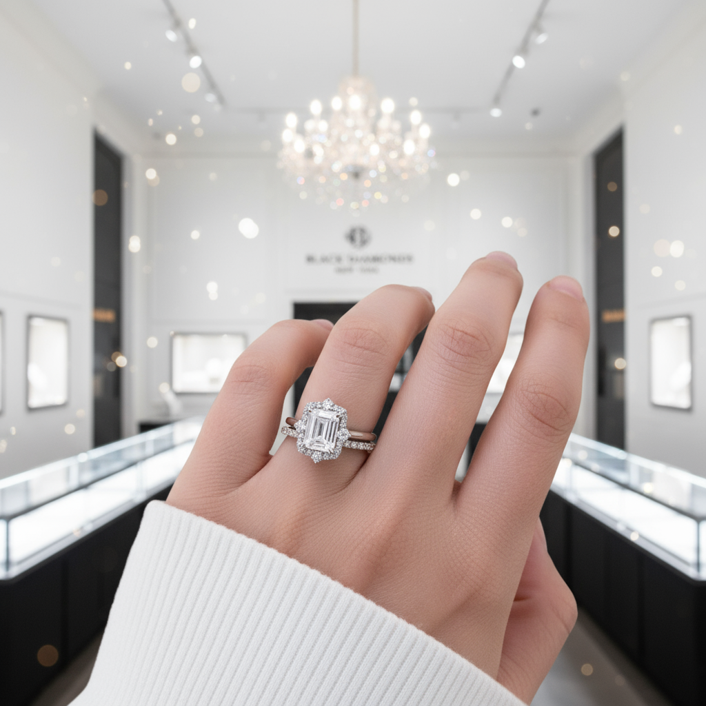 Unique Halo Emerald Cut Wedding Ring Set-Black Diamonds New York