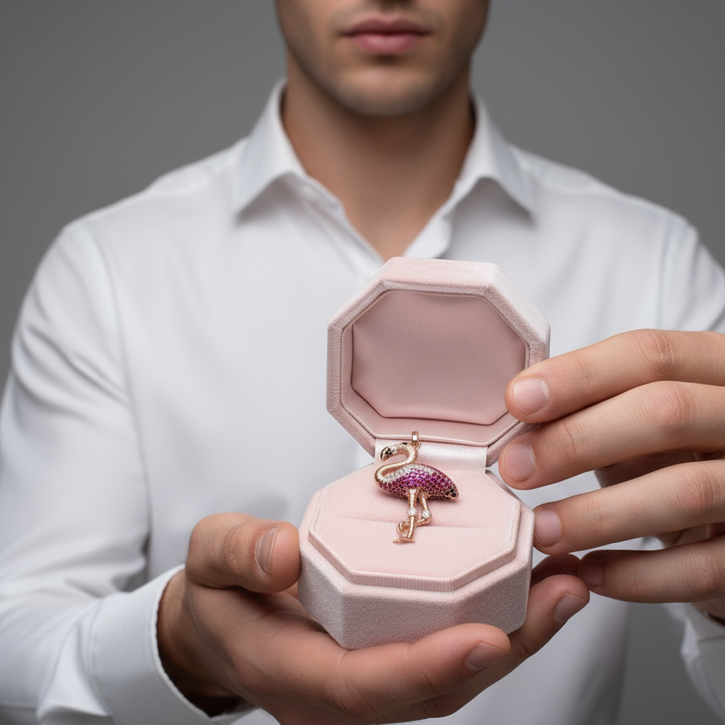 Person holding a pink jewelry box with a key-shaped pendant