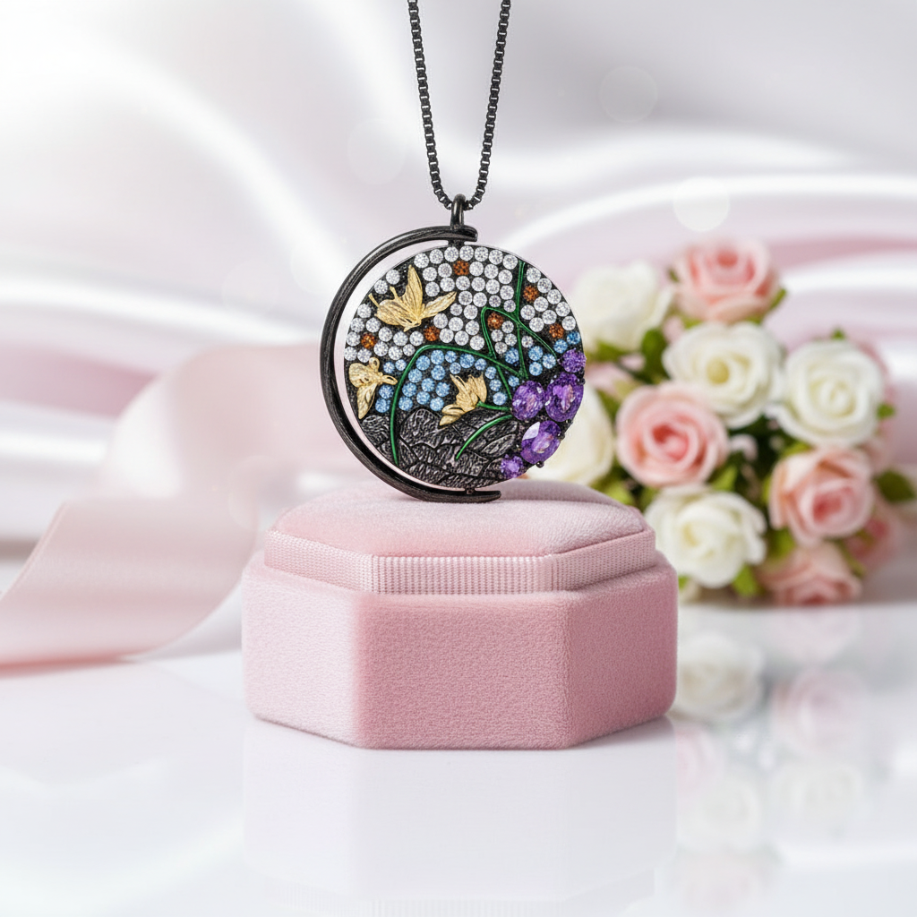 Unique Rotatable Butterfly Handmade Pendant Necklace-Black Diamonds New York