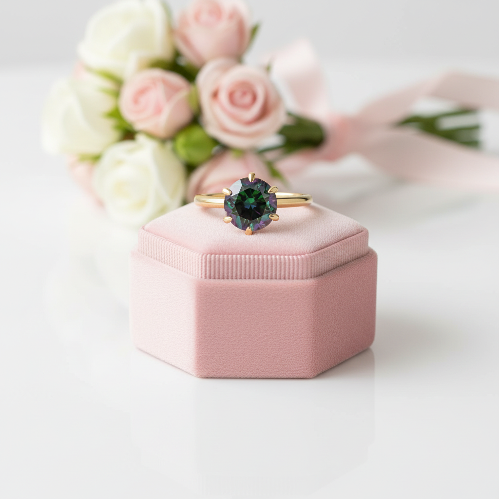 Unique Yellow Gold Round Cut Alexandrite Engagement Ring-Black Diamonds New York
