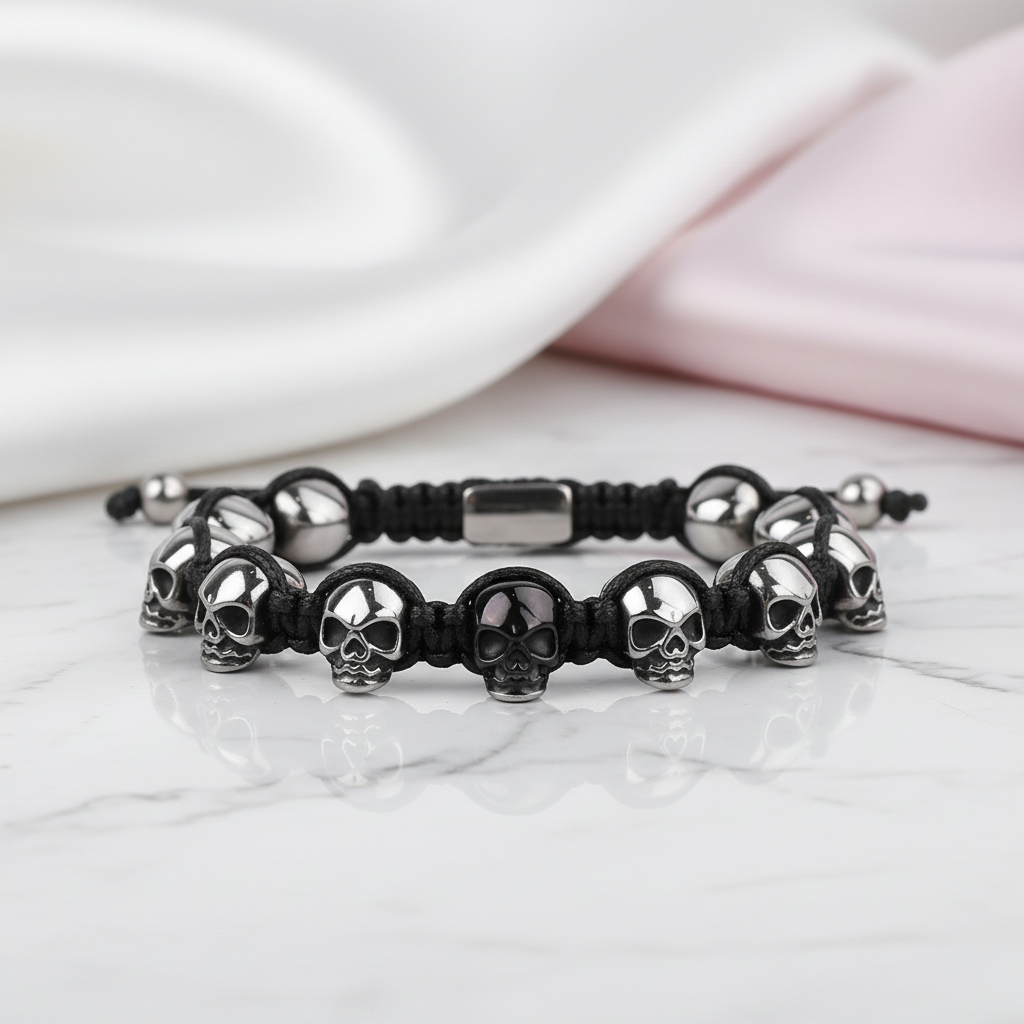 Unisex Skull Beads Gothic Bracelet with Braided Wrap-Black Diamonds New York