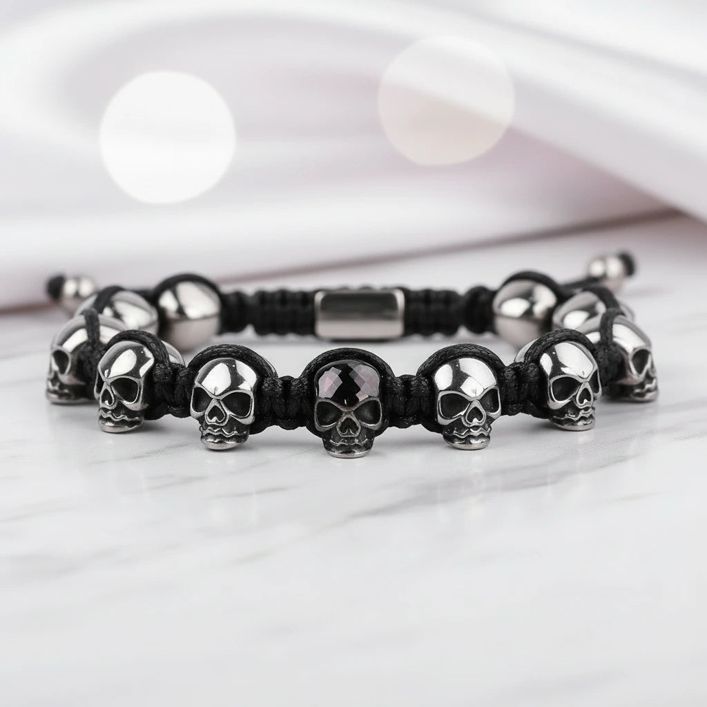 Unisex Skull Beads Gothic Bracelet with Braided Wrap-Black Diamonds New York