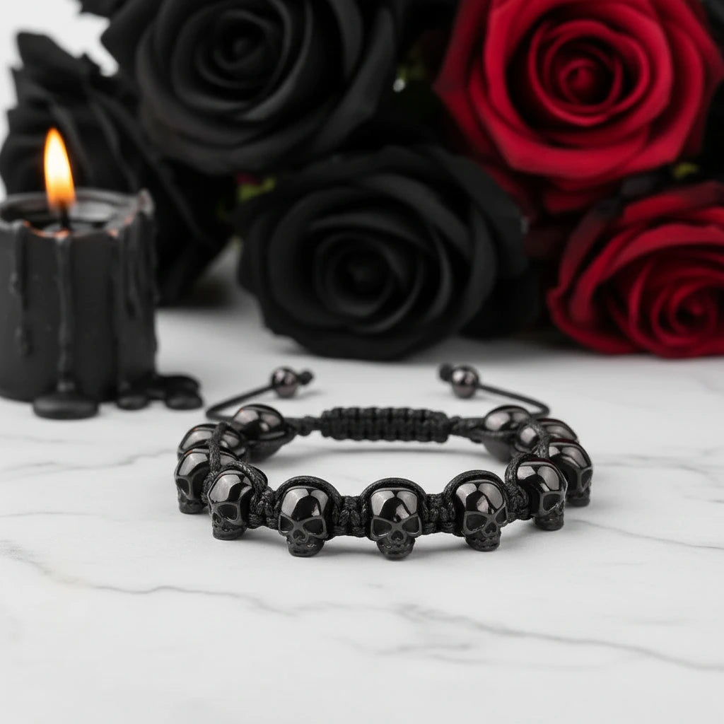 Unisex Skull Beads Gothic Bracelet with Braided Wrap – Black