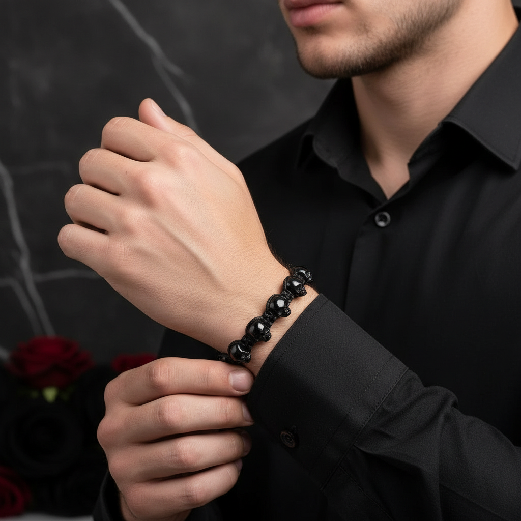 Unisex Skull Beads Gothic Bracelet with Braided Wrap-Black Diamonds New York