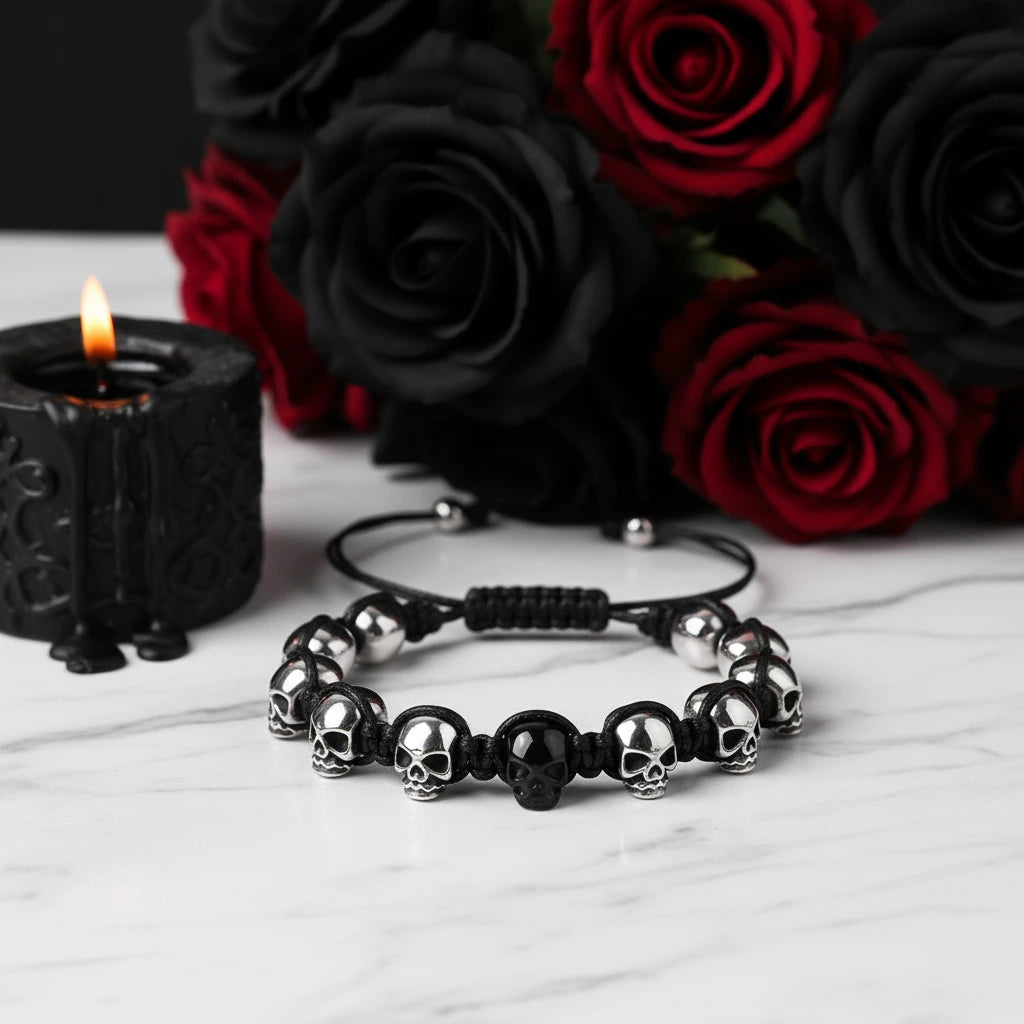Unisex Skull Beads Gothic Bracelet with Braided Wrap-Black Diamonds New York