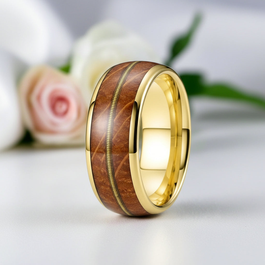 Unisex Tungsten Wedding Band with Oak Wood Whisky Barrel Inlay-Black Diamonds New York