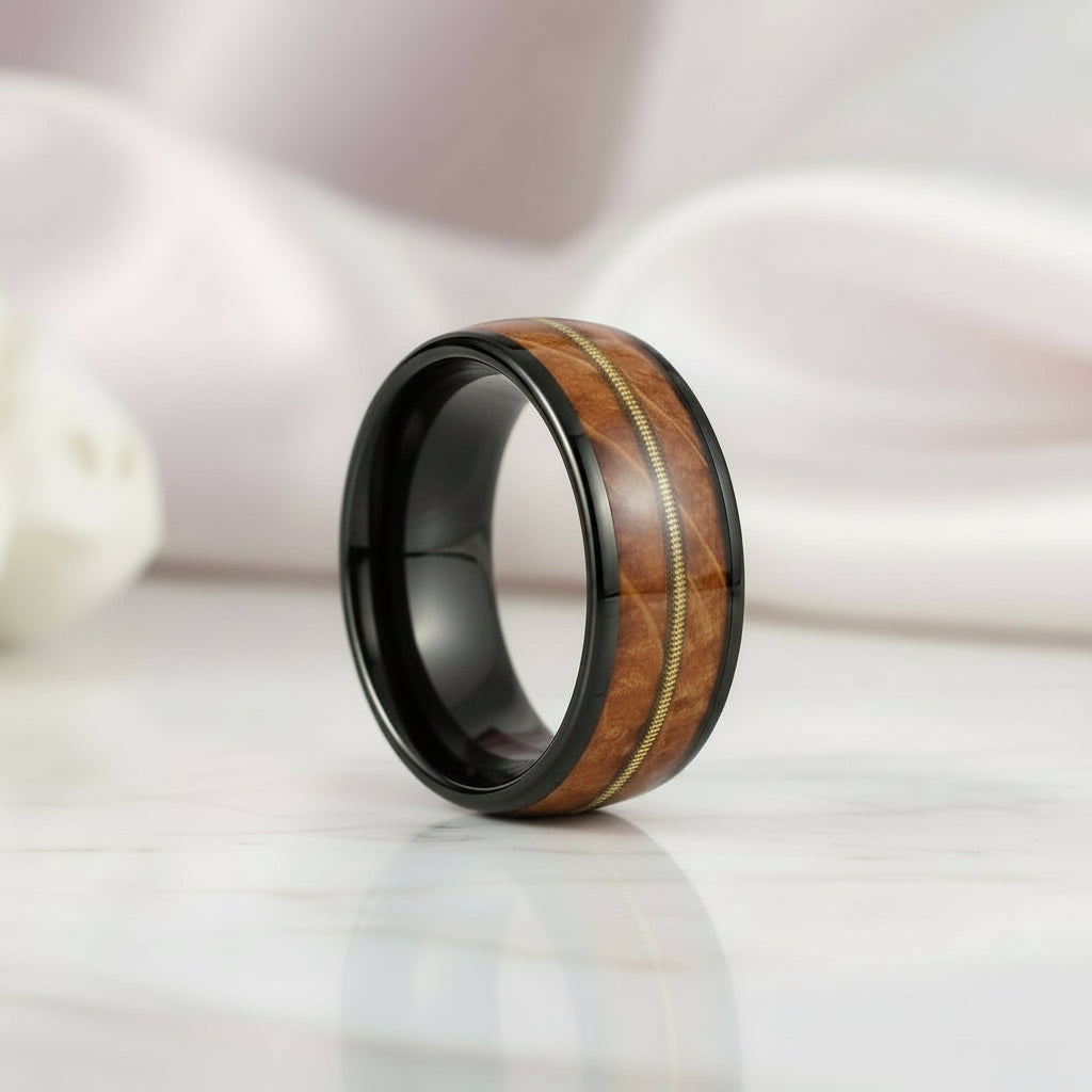 Unisex Tungsten Wedding Band with Oak Wood Whisky Barrel Inlay-Black Diamonds New York