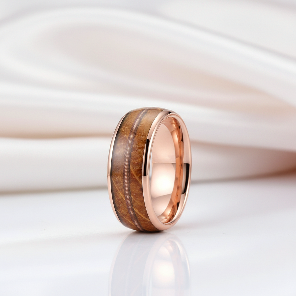 Unisex Tungsten Wedding Band with Oak Wood Whisky Barrel Inlay-Black Diamonds New York