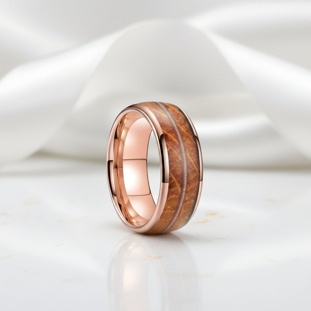 Unisex Tungsten Wedding Band with Oak Wood Whisky Barrel Inlay-Black Diamonds New York
