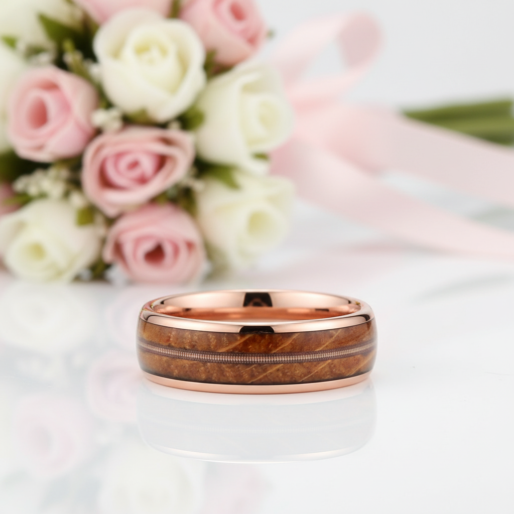 Unisex Tungsten Wedding Band with Oak Wood Whisky Barrel Inlay-Black Diamonds New York