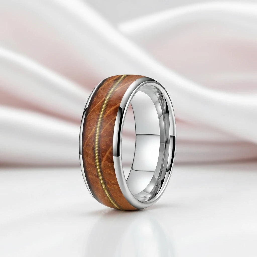 Unisex Tungsten Wedding Band with Oak Wood Whisky Barrel Inlay-Black Diamonds New York