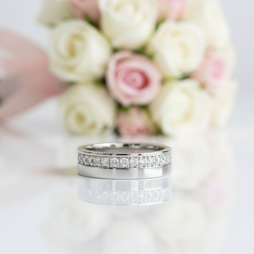 Unisex Wedding Band with Round Diamond Option Inlay-Black Diamonds New York
