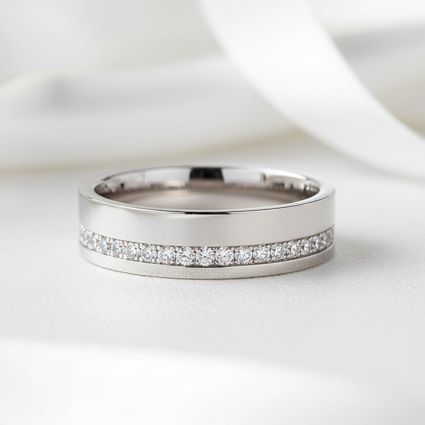 Unisex Wedding Band with Round Diamond Option Inlay-Black Diamonds New York
