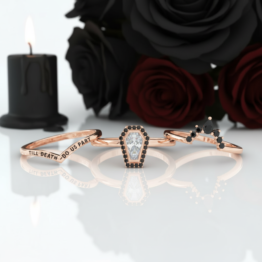 Until Death Rings- Limited Coffin Shape Diamond Option Wedding Rings-Black Diamonds New York