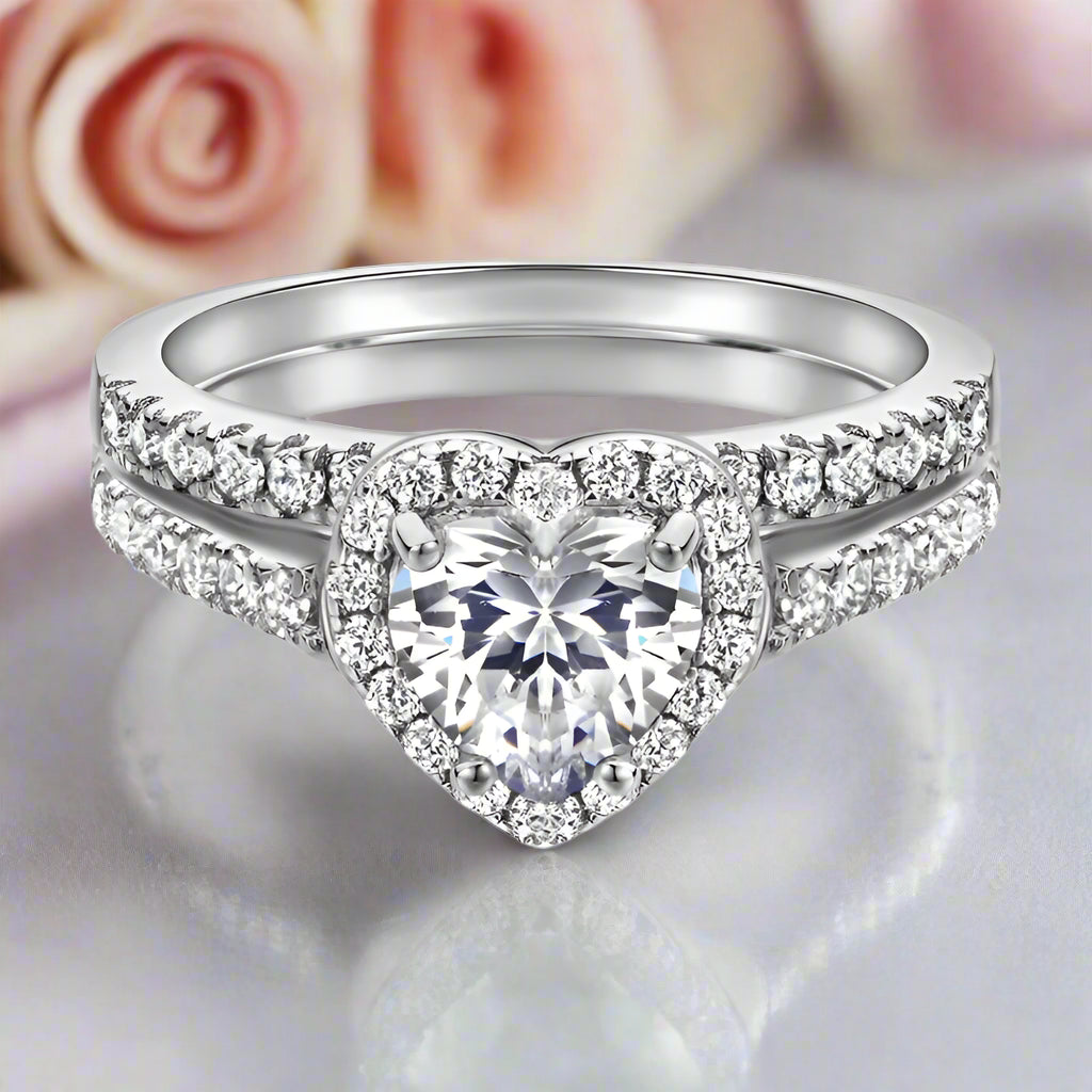 Vintage 1.0 Ct Heart Cut Diamond Halo Engagement Ring Set-Black Diamonds New York