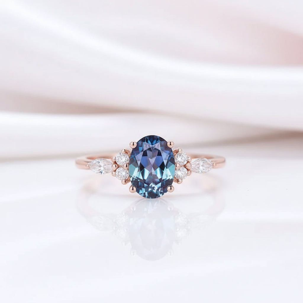 Vintage 14k Rose Gold 1.5 Ct Oval Cut Alexandrite Engagement Ring-Black Diamonds New York