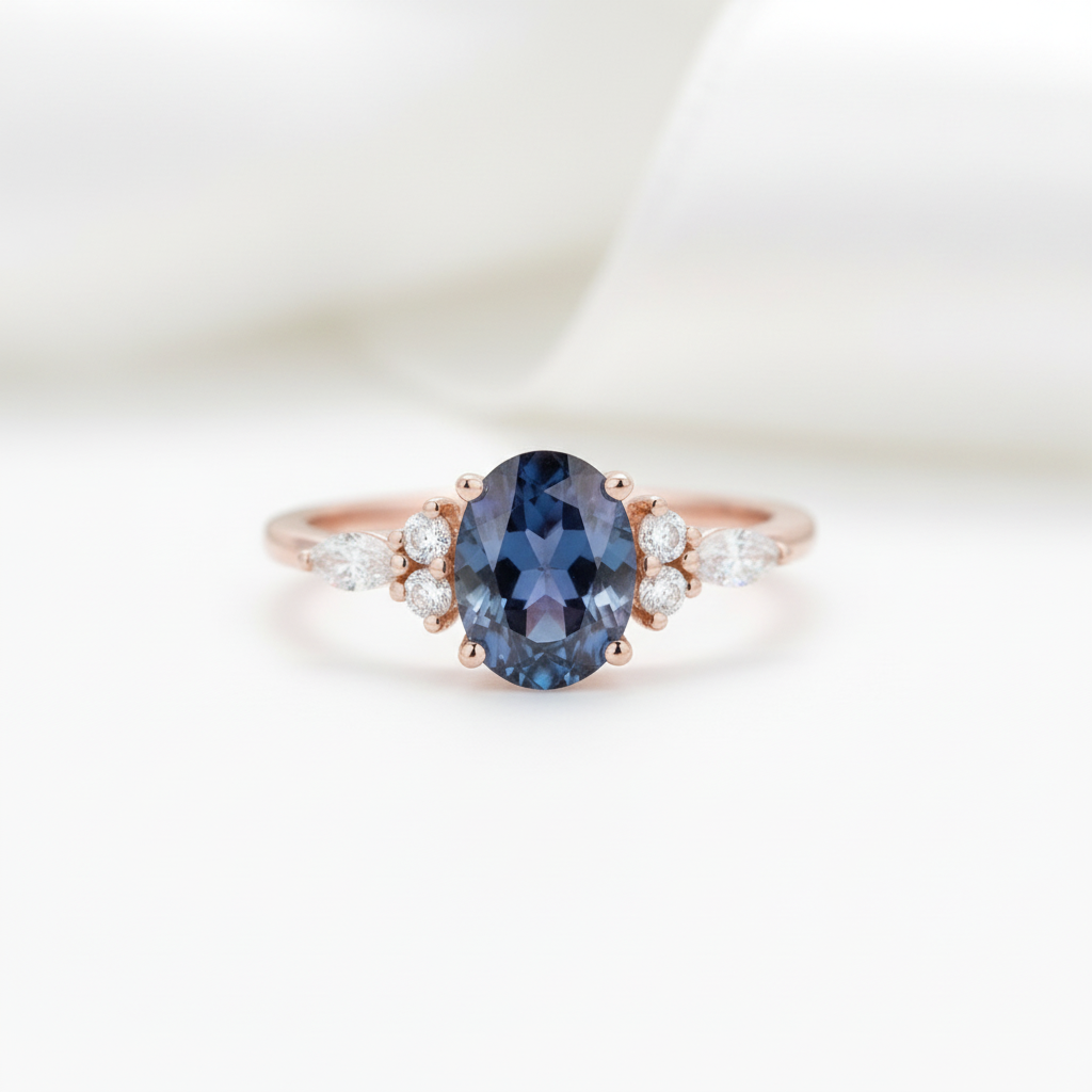 Vintage 14k Rose Gold 1.5 Ct Oval Cut Alexandrite Engagement Ring-Black Diamonds New York