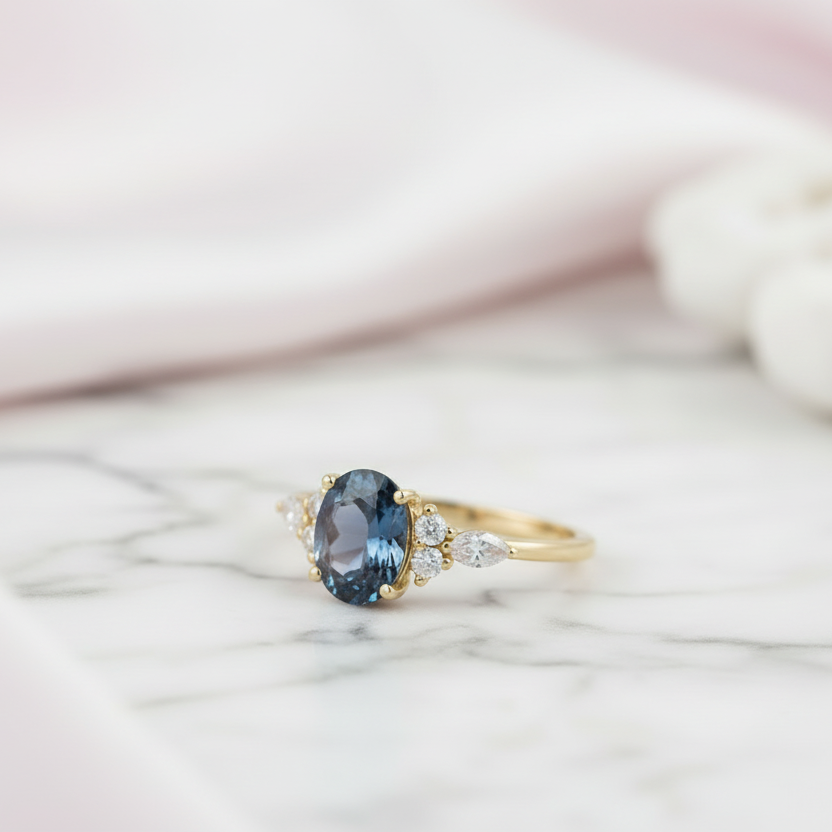 Vintage 14k Rose Gold 1.5 Ct Oval Cut Alexandrite Engagement Ring-Black Diamonds New York