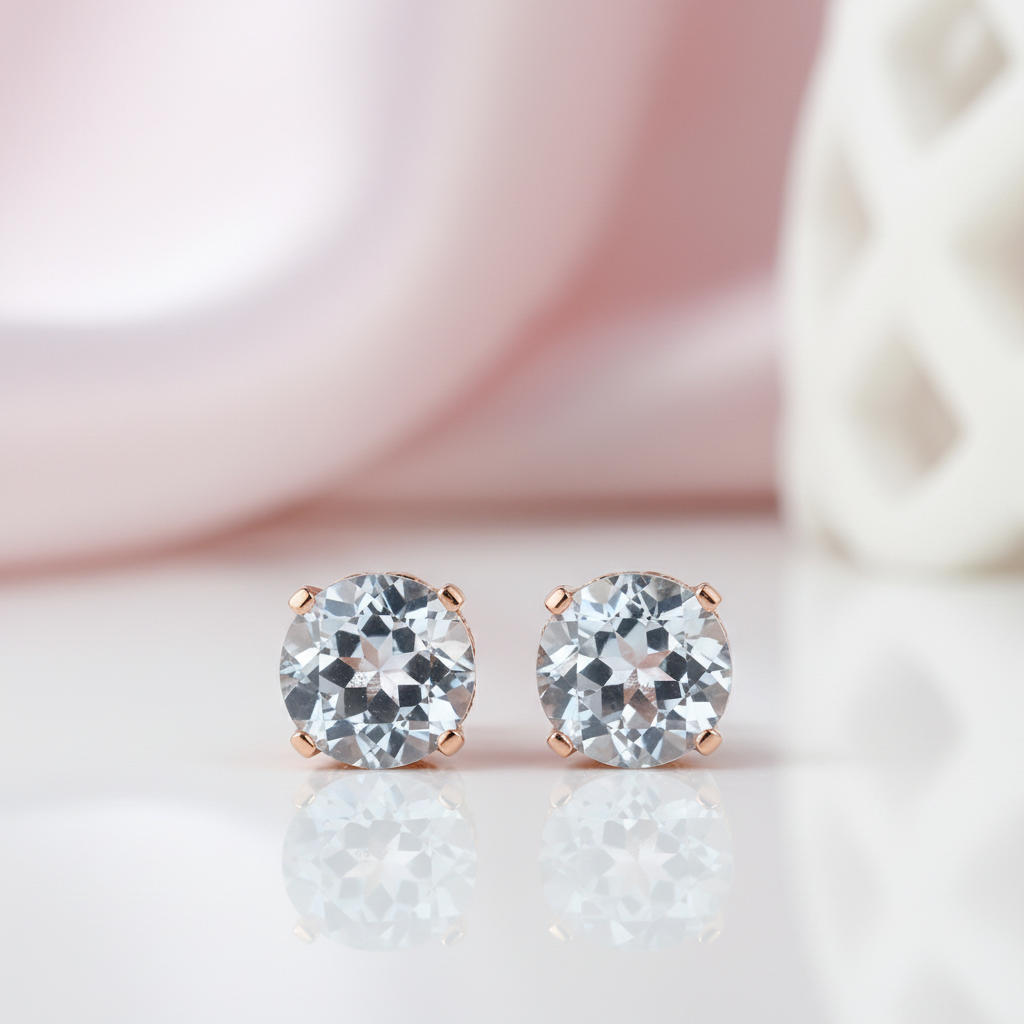 Vintage 14k Rose Gold Clear Topaz Stud Earrings with 0.12 Ct Diamond Options-Black Diamonds New York