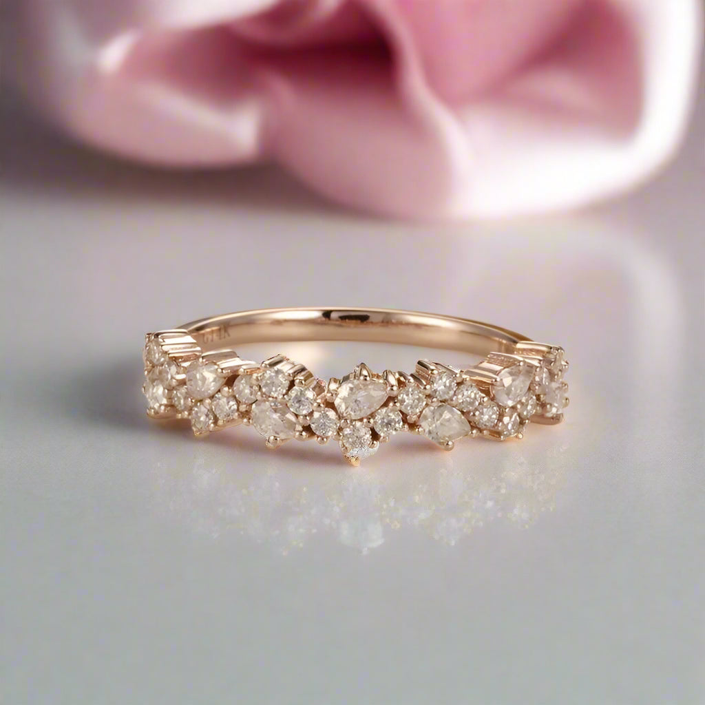 Vintage 14k Rose Gold Pear & Round Cut Diamond Wedding Band-Black Diamonds New York