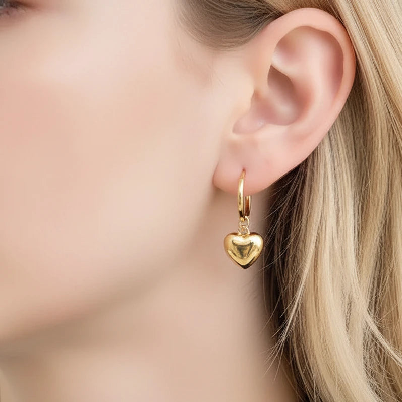 Vintage 18k Yellow Gold Heart Drop Hoop Earrings-Black Diamonds New York