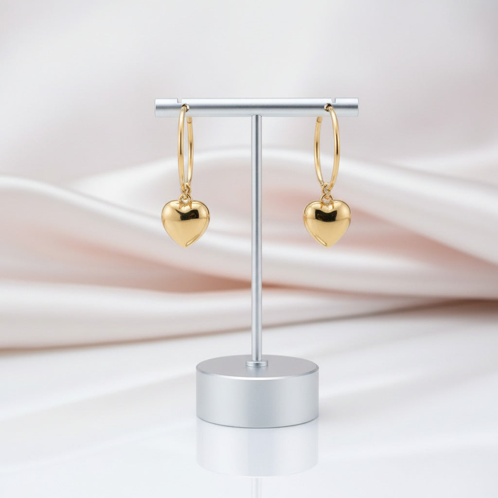 Vintage 18k Yellow Gold Heart Drop Hoop Earrings-Black Diamonds New York