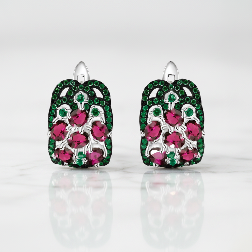 Vintage 3.0 Ct Rhodolite Garnet Gemstone Earrings-Black Diamonds New York