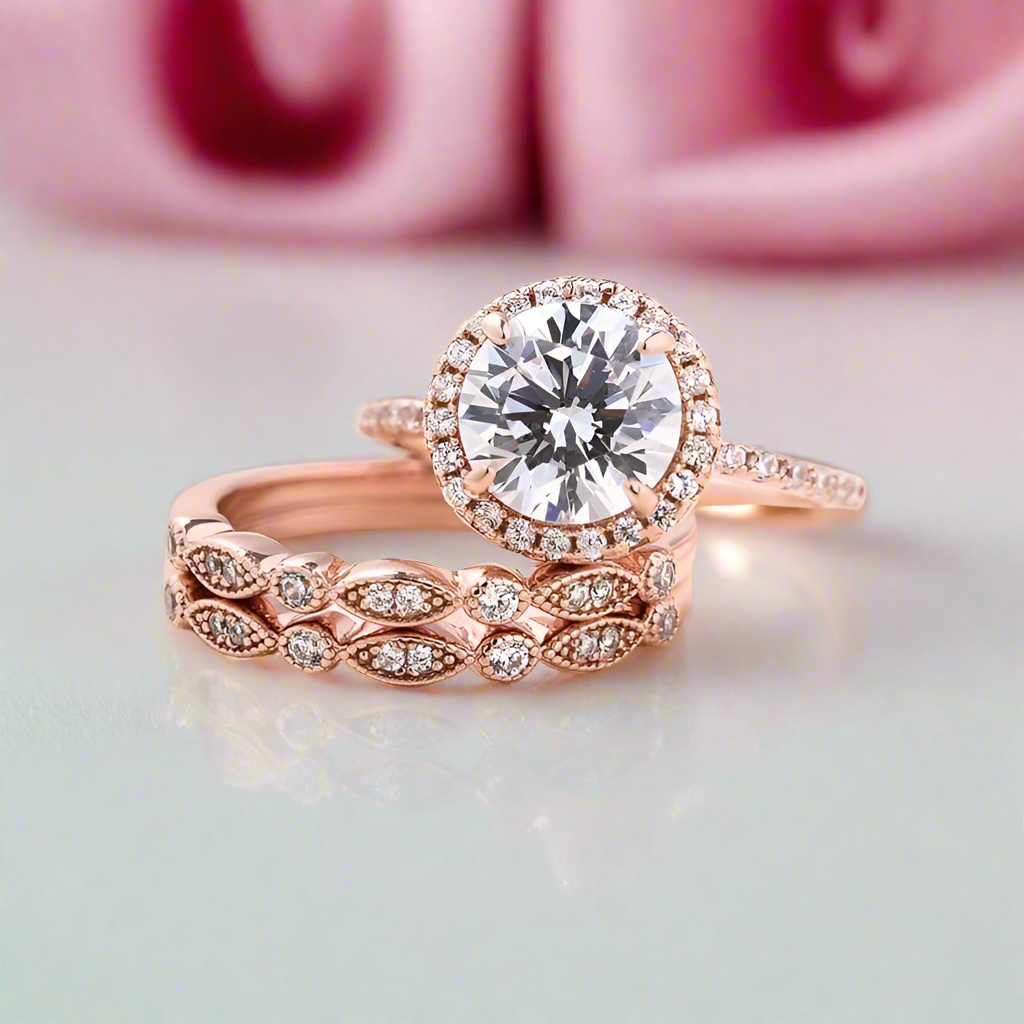 Vintage 3PC Halo Round Cut Wedding Ring Set In Rose Gold-Black Diamonds New York