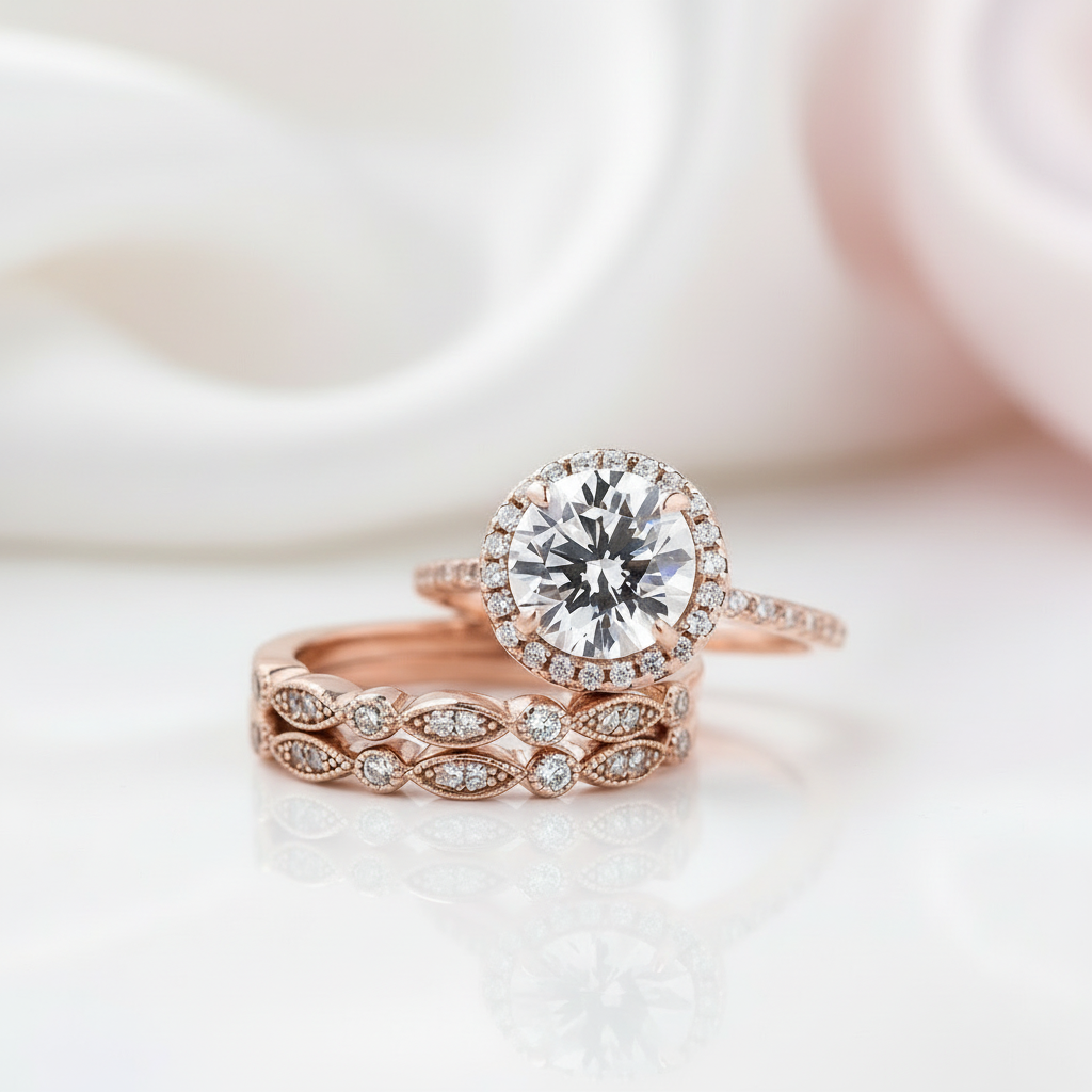 Vintage 3PC Halo Round Cut Wedding Ring Set In Rose Gold-Black Diamonds New York