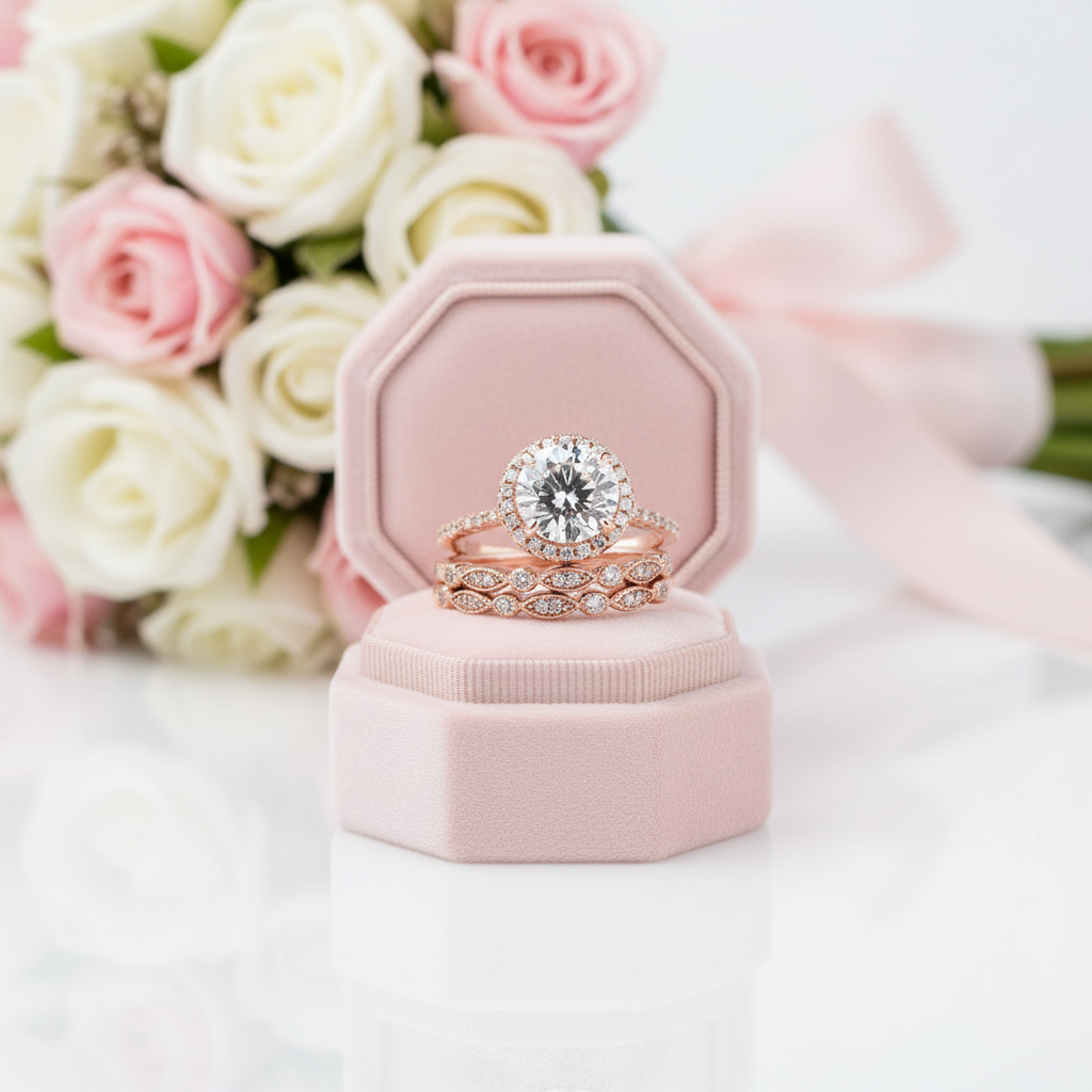 Vintage 3PC Halo Round Cut Wedding Ring Set In Rose Gold-Black Diamonds New York