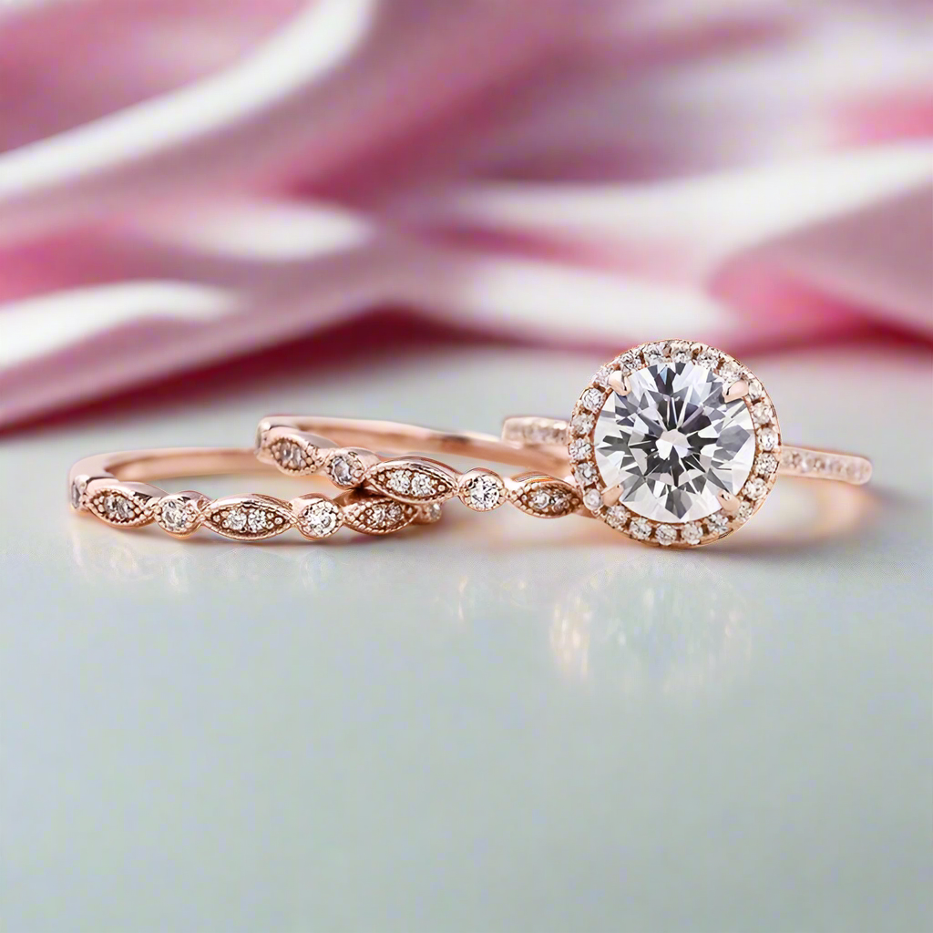 Vintage 3PC Halo Round Cut Wedding Ring Set In Rose Gold-Black Diamonds New York