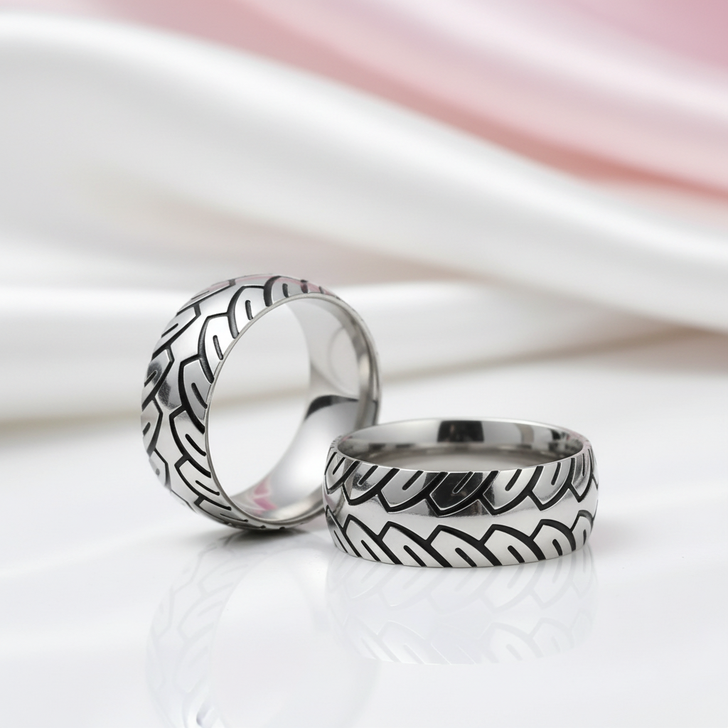 Vintage 8mm Unisex Wedding Band with Car Tire Pattern-Black Diamonds New York