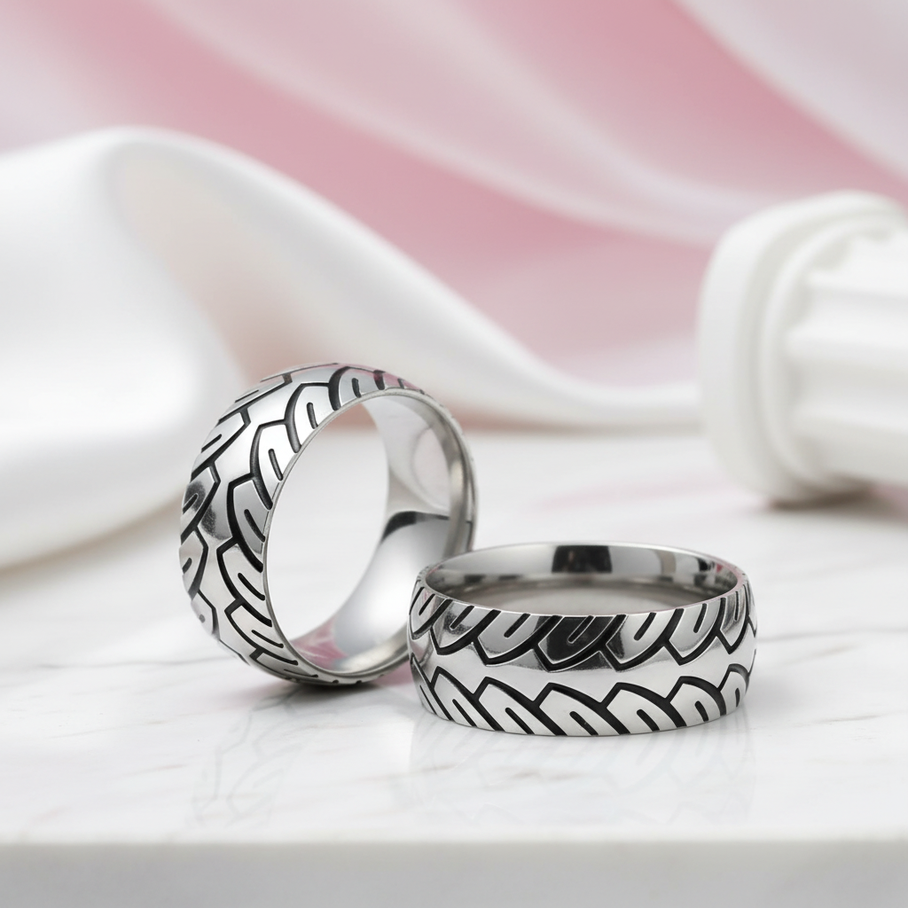 Vintage 8mm Unisex Wedding Band with Car Tire Pattern-Black Diamonds New York
