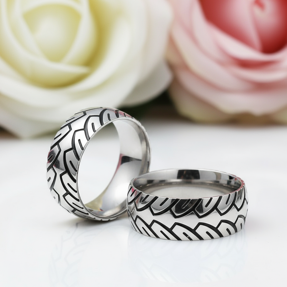 Vintage 8mm Unisex Wedding Band with Car Tire Pattern-Black Diamonds New York