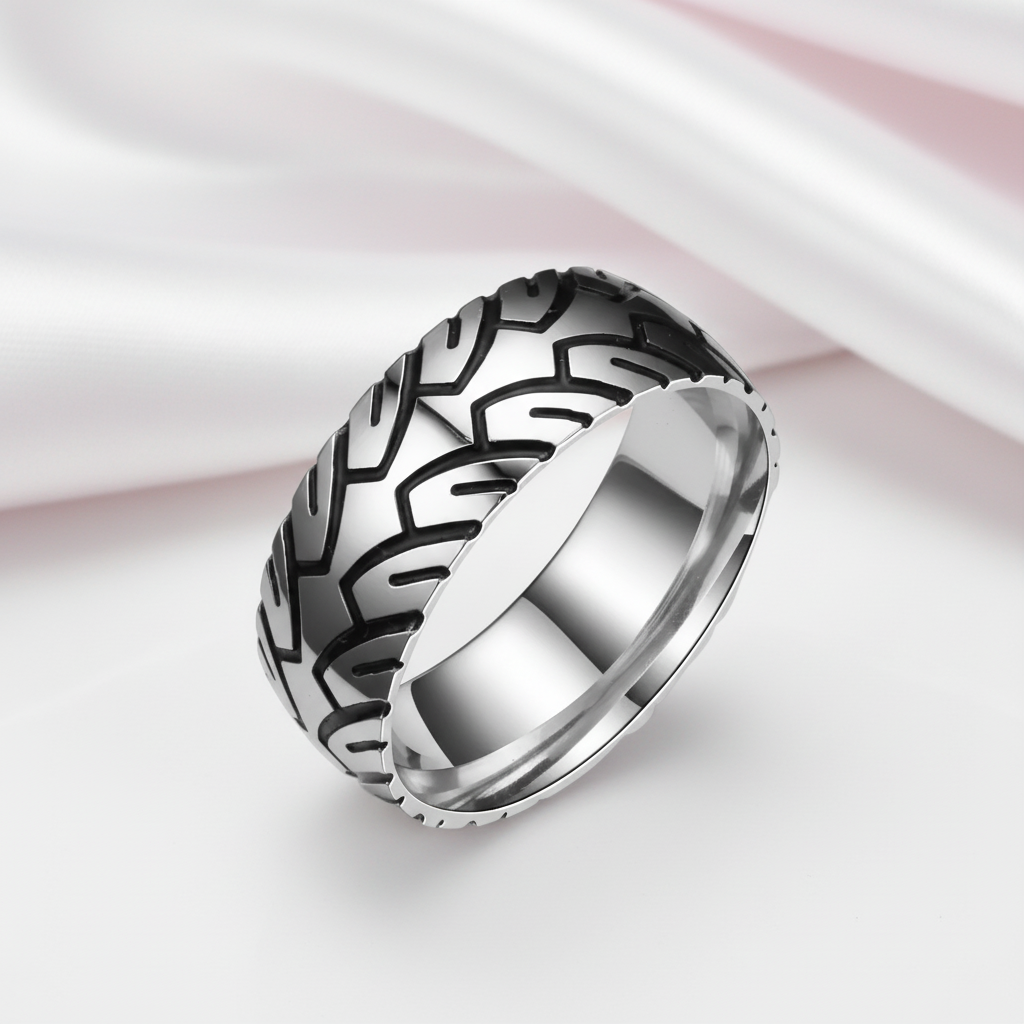 Vintage 8mm Unisex Wedding Band with Car Tire Pattern-Black Diamonds New York